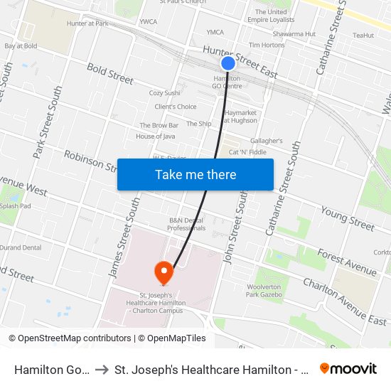 Hamilton Go Centre to St. Joseph's Healthcare Hamilton - Charlton Campus map