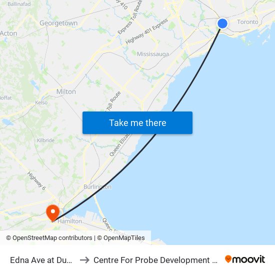 Edna Ave at Dundas St West to Centre For Probe Development And Commercialization map