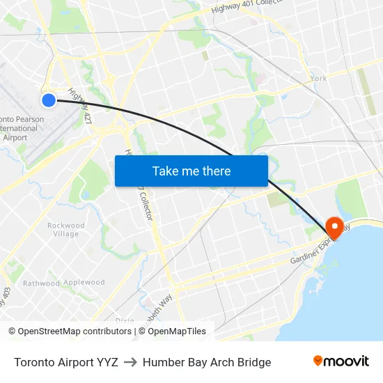 Toronto Airport YYZ to Humber Bay Arch Bridge map