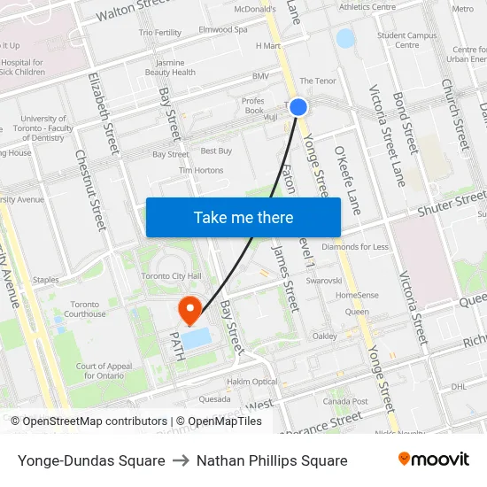 Yonge-Dundas Square to Nathan Phillips Square map
