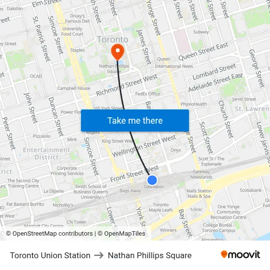 Toronto Union Station to Nathan Phillips Square map