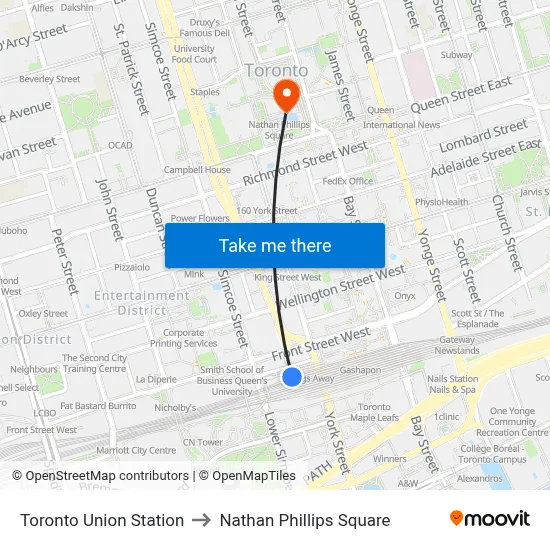 Toronto Union Station to Nathan Phillips Square map
