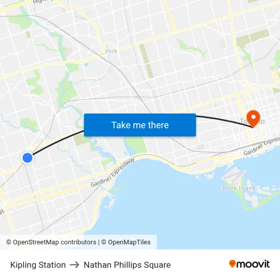 Kipling Station to Nathan Phillips Square map