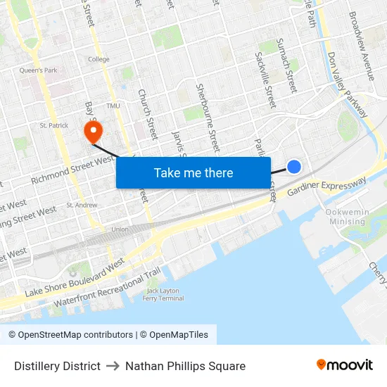 Distillery District to Nathan Phillips Square map