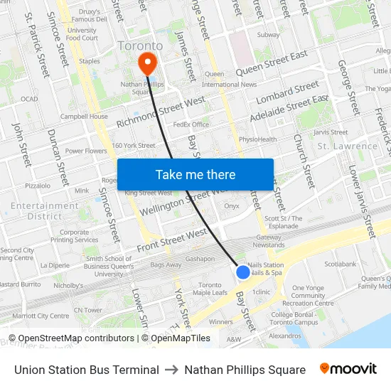 Union Station Bus Terminal to Nathan Phillips Square map