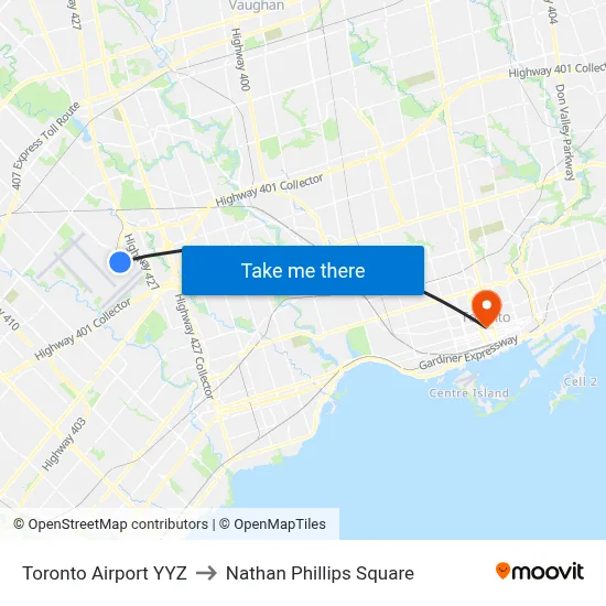 Toronto Airport YYZ to Nathan Phillips Square map