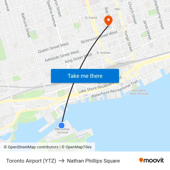 Toronto Airport (YTZ) to Nathan Phillips Square map