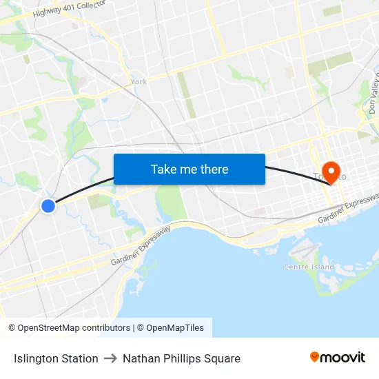 Islington Station to Nathan Phillips Square map