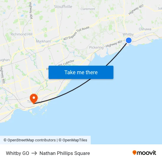 Whitby GO to Nathan Phillips Square map