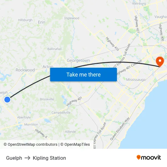 Guelph to Kipling Station map