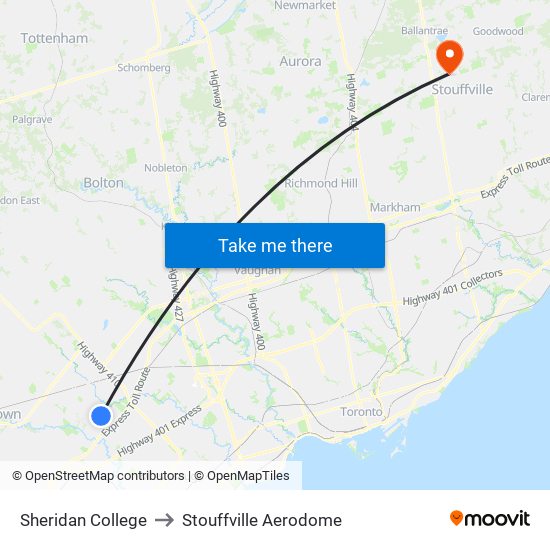 Sheridan College to Stouffville Aerodome map