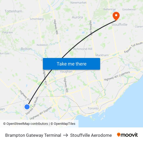 Brampton Gateway Terminal to Stouffville Aerodome map