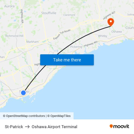 St-Patrick to Oshawa Airport Terminal map