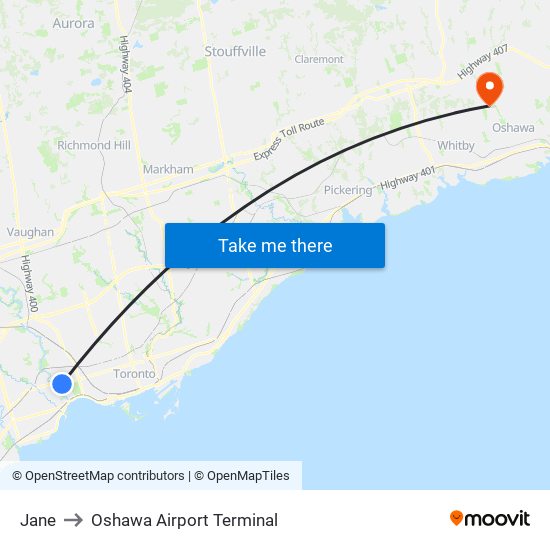 Jane to Oshawa Airport Terminal map