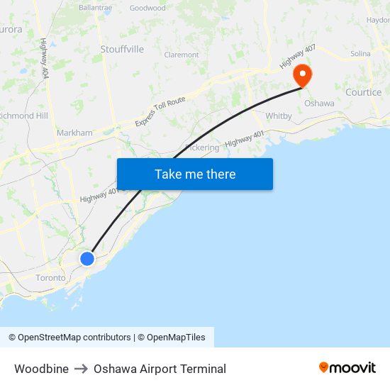 Woodbine to Oshawa Airport Terminal map