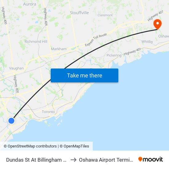 Dundas St At Billingham Rd to Oshawa Airport Terminal map