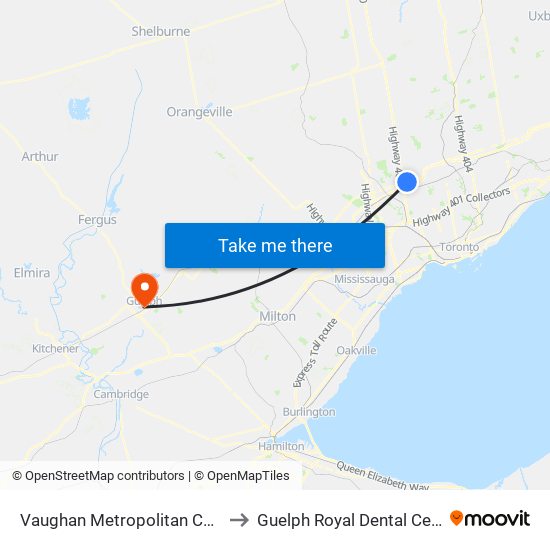 Vaughan Metropolitan Centre to Guelph Royal Dental Centre map