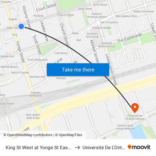 King St West at Yonge St East Side - King Station to Université De L'Ontario Français map