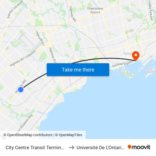 City Centre Transit Terminal Platform K to Université De L'Ontario Français map