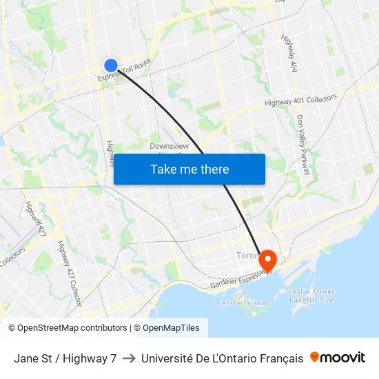 Jane St / Highway 7 to Université De L'Ontario Français map