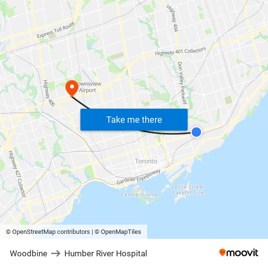 Woodbine to Humber River Hospital map