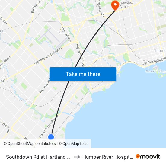 Southdown Rd at Hartland Dr to Humber River Hospital map