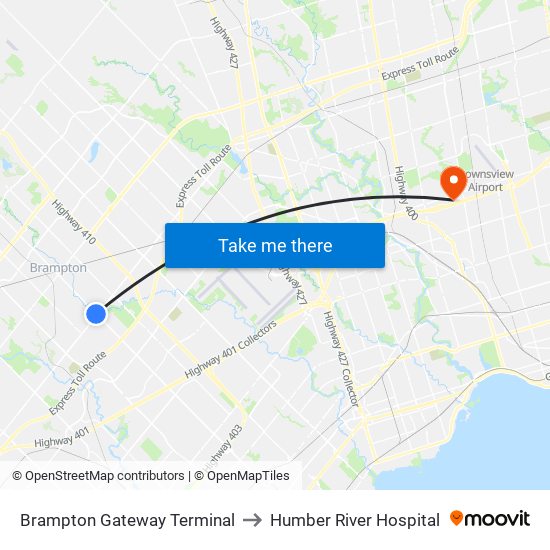 Brampton Gateway Terminal to Humber River Hospital map