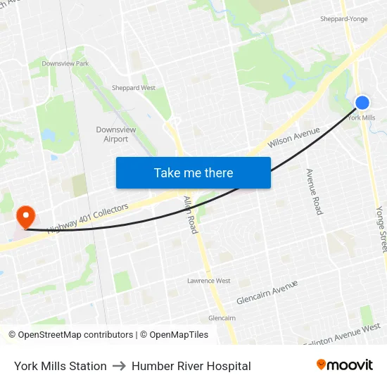 York Mills Station to Humber River Hospital map