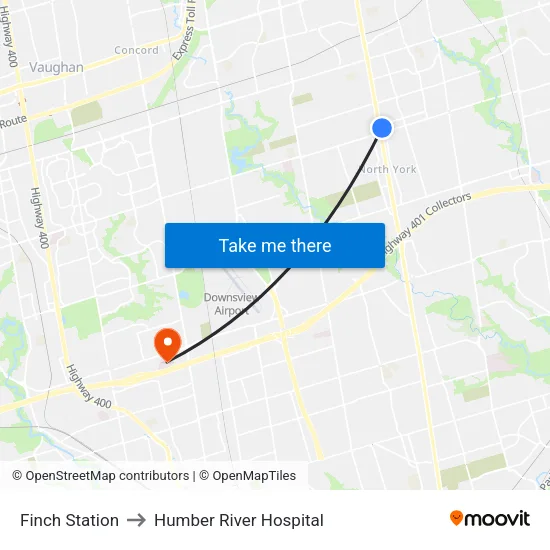 Finch Station to Humber River Hospital map
