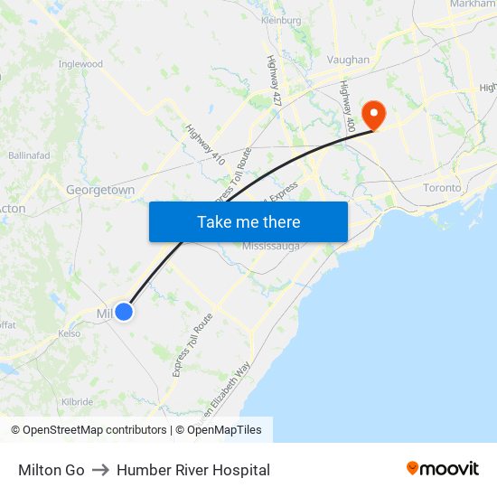 Milton Go to Humber River Hospital map