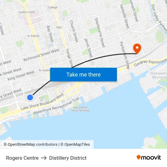 Rogers Centre to Distillery District map