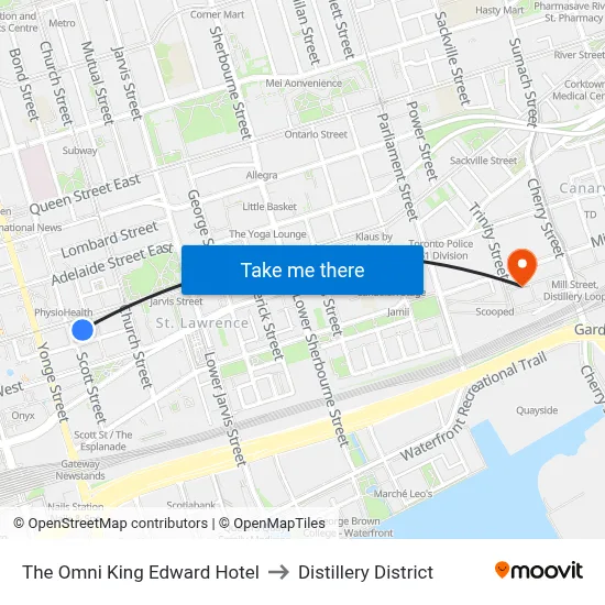The Omni King Edward Hotel to Distillery District map