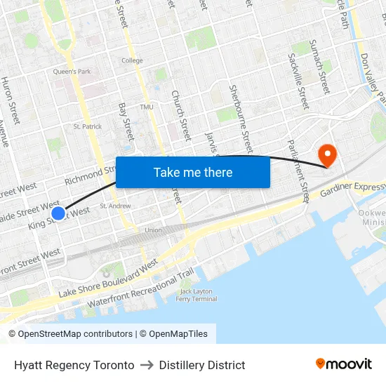 Hyatt Regency Toronto to Distillery District map