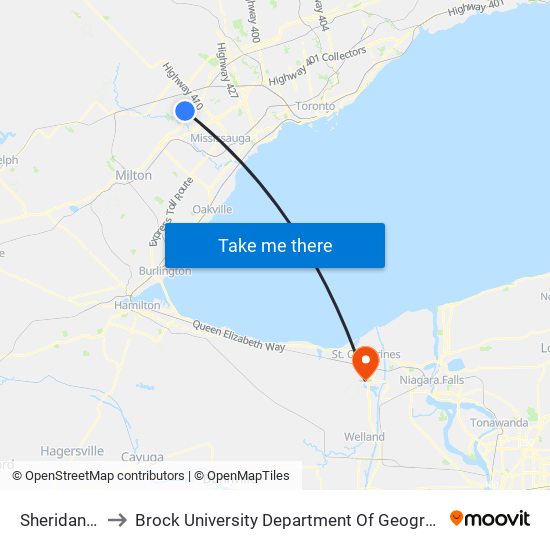 Sheridan College to Brock University Department Of Geography And Tourism Studies map