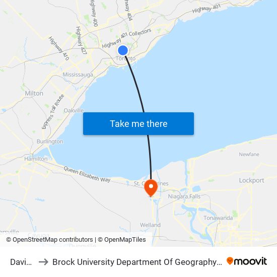 Davisville to Brock University Department Of Geography And Tourism Studies map