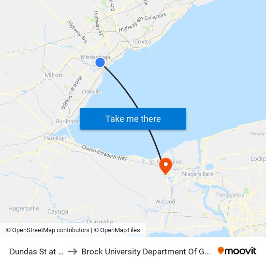 Dundas St at Hurontario St to Brock University Department Of Geography And Tourism Studies map