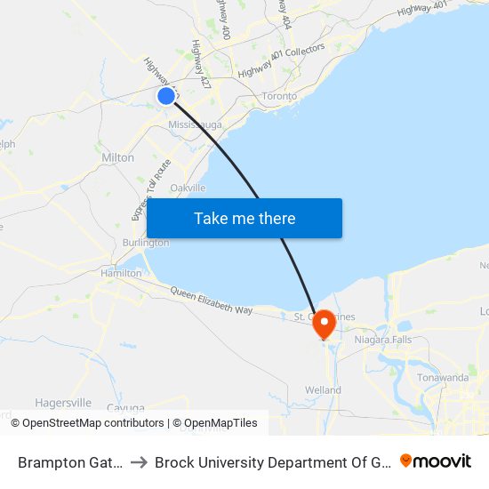 Brampton Gateway Terminal to Brock University Department Of Geography And Tourism Studies map