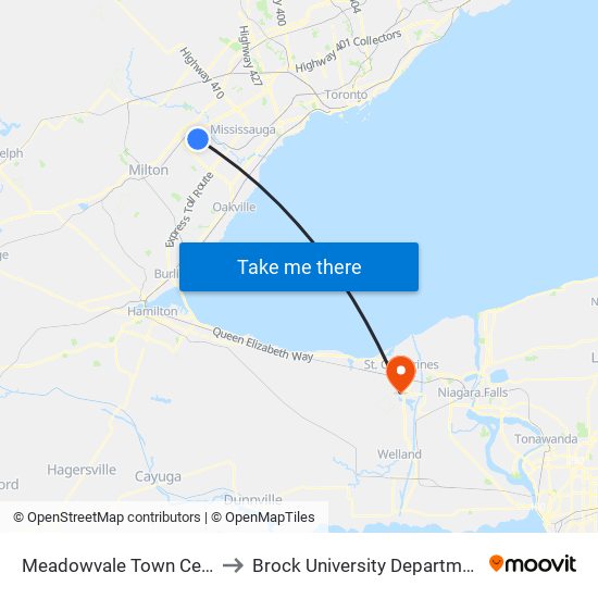 Meadowvale Town Centre Bus Terminal Platform H, I, J to Brock University Department Of Geography And Tourism Studies map