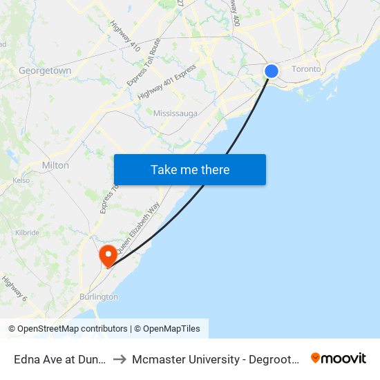 Edna Ave at Dundas St West to Mcmaster University - Degroote School Of Business map