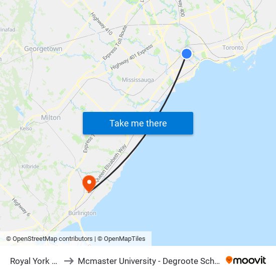 Royal York Station to Mcmaster University - Degroote School Of Business map