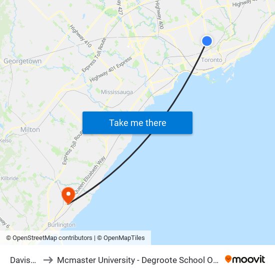 Davisville to Mcmaster University - Degroote School Of Business map