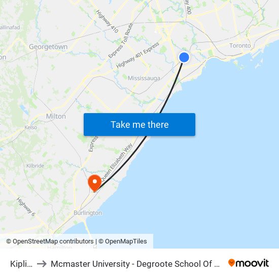 Kipling to Mcmaster University - Degroote School Of Business map