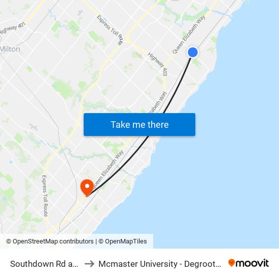 Southdown Rd at Hartland Dr to Mcmaster University - Degroote School Of Business map