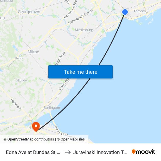 Edna Ave at Dundas St West to Juravinski Innovation Tower map