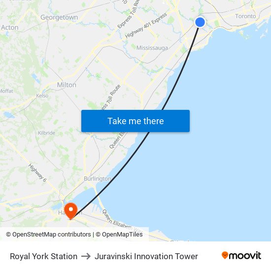 Royal York Station to Juravinski Innovation Tower map