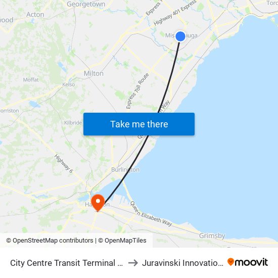 City Centre Transit Terminal Platform K to Juravinski Innovation Tower map