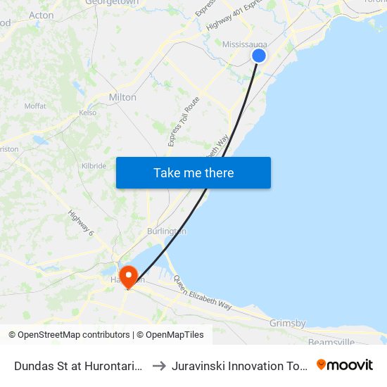 Dundas St at Hurontario St to Juravinski Innovation Tower map