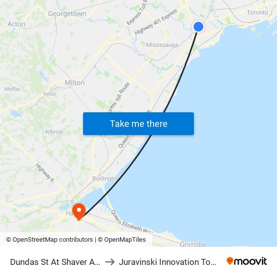 Dundas St At Shaver Ave to Juravinski Innovation Tower map