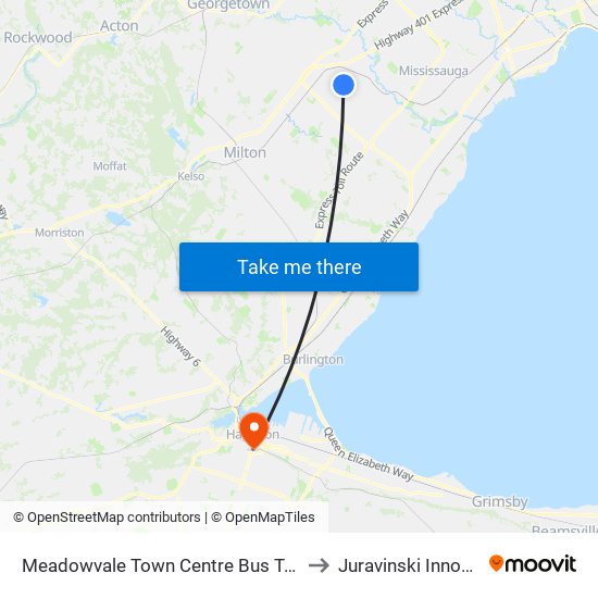 Meadowvale Town Centre Bus Terminal Platform H, I, J to Juravinski Innovation Tower map