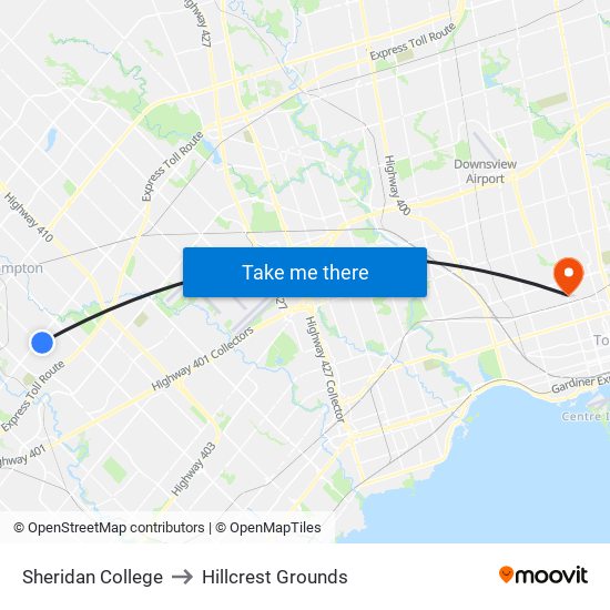 Sheridan College to Hillcrest Grounds map